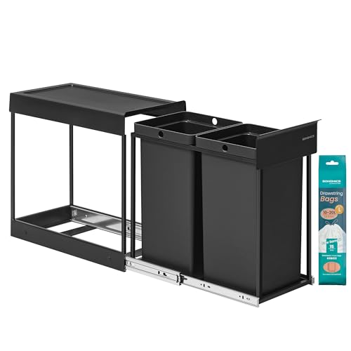 SONGMICS garbage bin kitchen, garbage separation system for lower cabinet, 2 x 15 L, garbage bin 2 compartments, extendable, steel frame, ABS cover, ink black LTB950B01