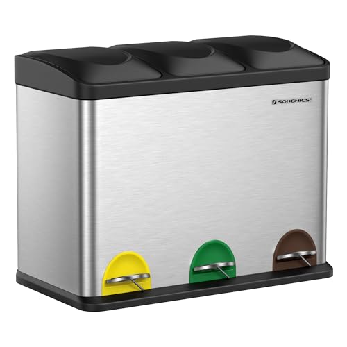 SONGMICS poubelle cuisine, système de séparation des ordures 3 compartiments, poubelle, 45 litres poubelle avec une pédale en métal, 3 x 15 litres, poubelle avec une pédale avec couvercle, acier, encre métallique argent noir LTB45L