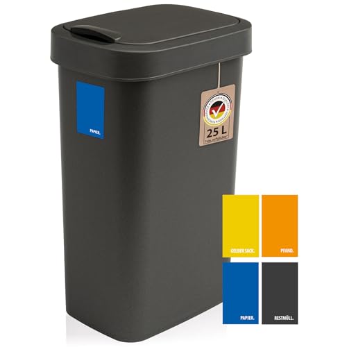 Hausfelder avfallsbehållare 25l med lock svart, avfallsbehållare kök smal 30x25 cm, svänglock för rest sopor väska för förpackning av avfall, avfallsbehållare 20-30 liter