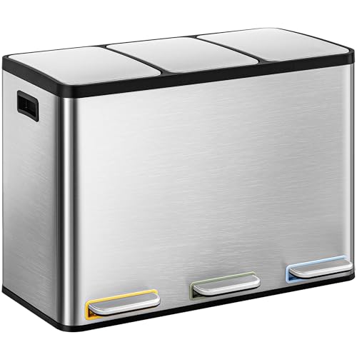 Hzuaneri poubelles Cuisine, système de séparation des ordures 3 compartiments 45L (3 x 15 L), récipient à déchets de cuisine en acier inoxydable, conteneur à déchets avec pédale à pied avec pédales codées en couleur, conteneur à déchets Calme Slow Descent, Argent SW04599E