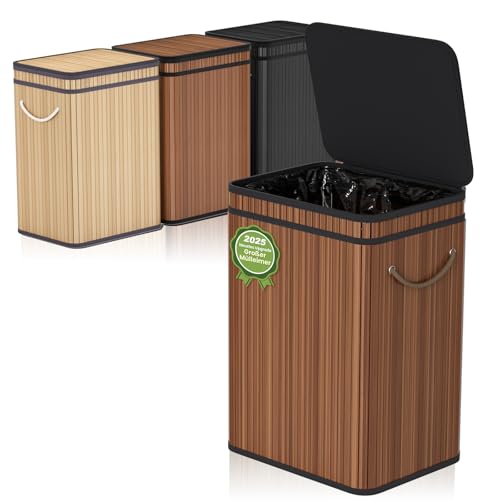 80 liter afvalcontainer met deksel, afvalcontainer van bamboe, vuilnisbak/afvalcontainer voor thuis, kantoor, badkamer, keuken 40X30X60 CM (Premium Walnut)