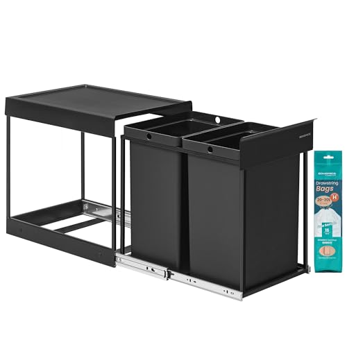 SONGMICS garbage bin kitchen, garbage separation system for lower cabinet, 2 x 20 L, garbage bin 2 compartments, extendable, steel frame, ABS cover, ink black LTB951B01