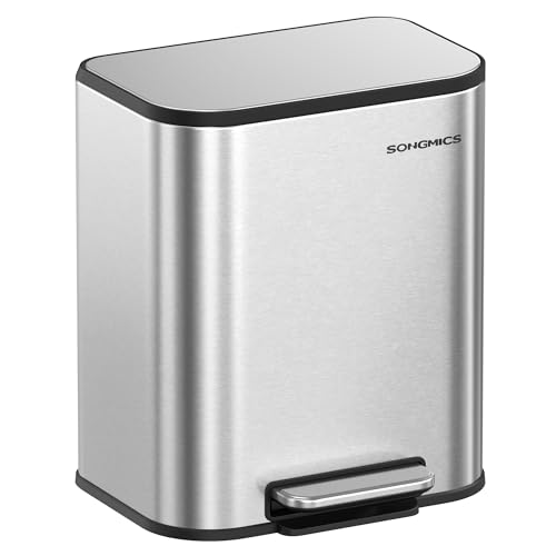 SONGMICS bin Kitchen, 20 litres of bin with lid, pedal bin, steel, soft close, holding-open function, with indoor bucket, wide non-slipping pedal, metallic silver LTB542E20
