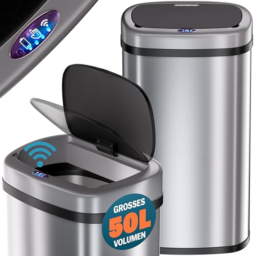 Monzana ® pojemnik na odpady z kuchenką czujnika 50L stali nierdzewnej Elektryczny pierścień mocujący pokrywy, włącznie z. Kabel USB pojemnik na odpady LED wyświetlacz srebro