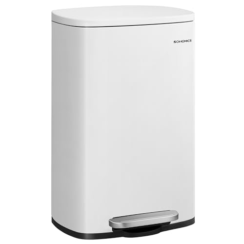 Recipiente de residuos SONGMICS Cocina, 50 litros, contenedor de residuos, contenedor con pedal, con tapa, cierre suave, pedal, acero, cubo interior, LTB101W01 blanco
