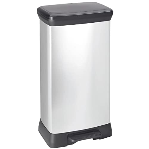 Curver Deco afvalcontainer 50L keukenafval container met een voetpedaal, zacht sluit systeem, geurbestendig, anti-vingerafdruk, metalen look, zilver-zwart