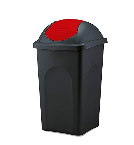 BigDean pojemnik na odpady duże 60L - czarny - z pokrywą huśtawkową czerwoną - wykonany z tworzywa sztucznego - zbiornik na odpady do zbierania śmieci - Made in Italy