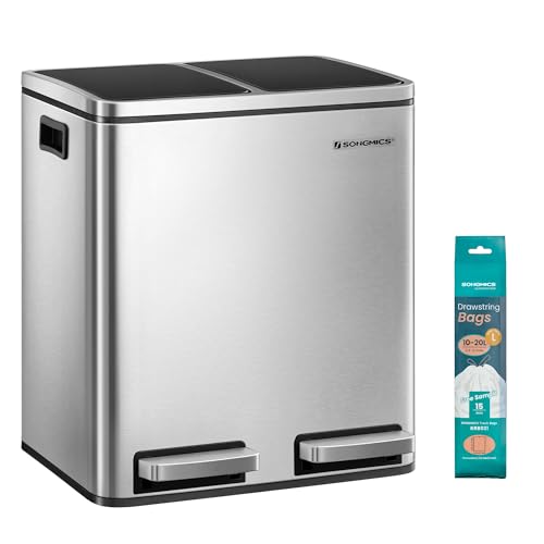 SONGMICS bin kitchen, 2 x 15 liters, garbage separation system 2 compartments, including 15 garbage bags, bins, pedal bin, recyclable waste, organic garbage, soft close cover, metallic silver ink black LTB30H