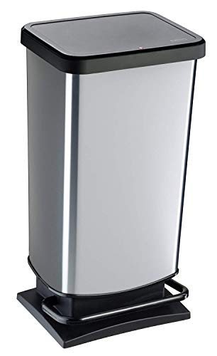 Rotho Paso 40l bin with pedal and cover, plastic (PP) BPA-free, silver metallic, 40l (35.5 x 29.5 x 67.6 cm)