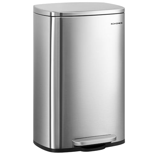 SONGMICS bin Kitchen, 50 litres, bin, pedal bin, with lid, soft close, foot pedal, steel, interior bucket, silver LTB050E01