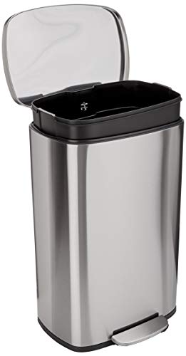 Amazon Basics Rectangular 50 l bin for the kitchen with steel pipe pedal - Gently closing with cover, for kitchen, bathroom or office, 13.2 gallons, Satinated Nickel