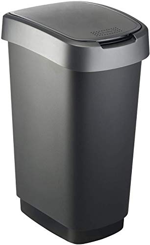 Rotho Twist avfallsbehållare 50l med omslag, användbar som en svängning eller gångjärn, plast, svart / silver, 50l (40.1 x 29.8 x 60.2 cm)