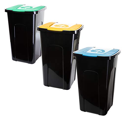 contenitore di rifiuti con coperchio 3 set contenitore di rifiuti da 50 litri con coperchi colorati per una efficiente separazione dei rifiuti interni e esterni, resistente ai lunghi e agli agenti atmosferici, 56x36cm, Made in EU