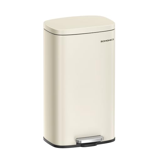 SONGMICS Garbage bin kitchen, 30 litres, bin, pedal bin, with lid, soft close, foot pedal, steel, interior bucket, sandbeige LTB03A02