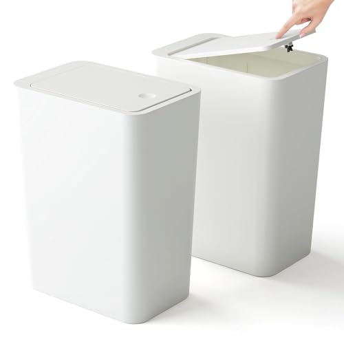 Kongming avfallsbehållare badrum med tryck, 2 bit smalt avfall behållare kök, badrumsavfall behållare liten 10L avfallsbehållare med lock Odorproof för kök, badrum, kontor, vardagsrum, sovrum, WC (vit)