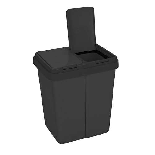 Ribelli Zweimer Duo vuilnisbak met deksel 2 x ca. 25 liter plastic afvalcontainer voor de keuken geurbestendig afvalcontainer scheidingssysteem, ca. 45 x 32 x 51 cm, zwart, 502000