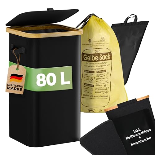 COTTARA® bag for packaging waste stands bin with lid garbage bag stand for yellow bags with bamboo frame and zipper on rear, 60-120L garbage system container for recycling black