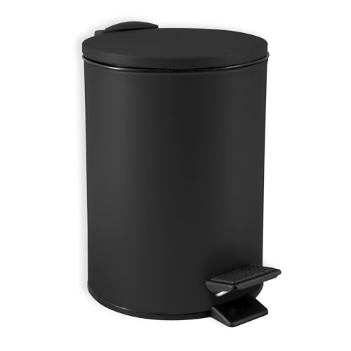 Spirella cosmetic bucket 3L Black stainless steel with automatic lowering, anti-fingerprint, soft close, large foot pedal, easy to clean – elegant design for bathroom or kitchen, dimensions 25x16.8x16.8 cm, Swartz
