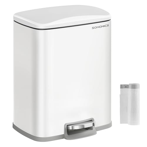 Recipiente de residuos SONGMICS Cocina, 20 litros de contenedor de residuos con pedal, recipiente de residuos con pedal, suave cierre, función de sujeción-abierto, con cubo interior, con 15 bolsas de basura, LTB543W01 blanca nube, blanco