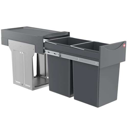 Hailo Tandem 3666101 – built-in waste container for kitchen cabinets from 30 cm, 2×15 L, full extension with telescopic rails, garbage separation system, dark gray