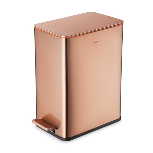 RED FACTOR narrow 10L stainless steel pedal bin for narrow spaces – bin with soft-close cover and removable interior bucket for bathroom, kitchen, bedroom or office (copper)