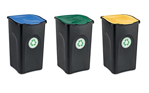 Kreher 3 pezzi di contenitore per rifiuti 50 litri con coperchio in colori diversi per una separazione ottimale dei rifiuti (verde, giallo e blu). Lavabile e facile da pulire!